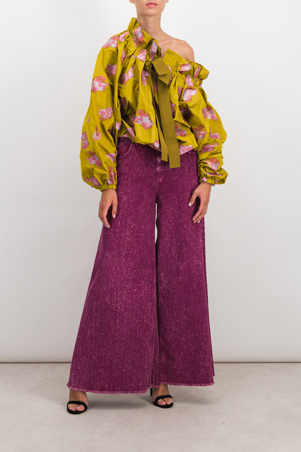 Voluminous grosgrain blouse with floral lace