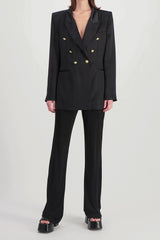 V-neck tailored satin blazer with golden buttons