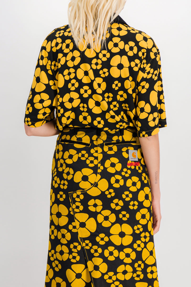 Marni - Flower printed yellow-black short sleeved boyfriend shirt