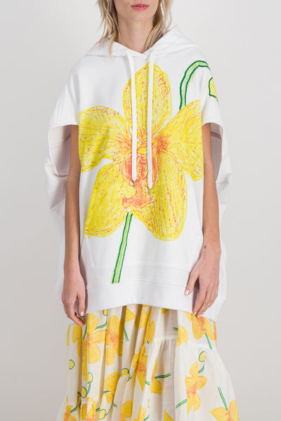 Long hooded oversized sleeveless sweatshirt with flower print
