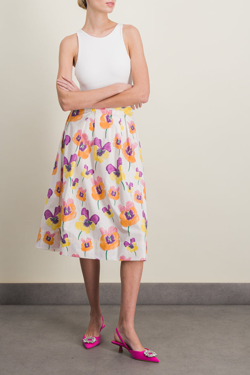 Marni - Pleated cotton midi-skirt with pansies flower print