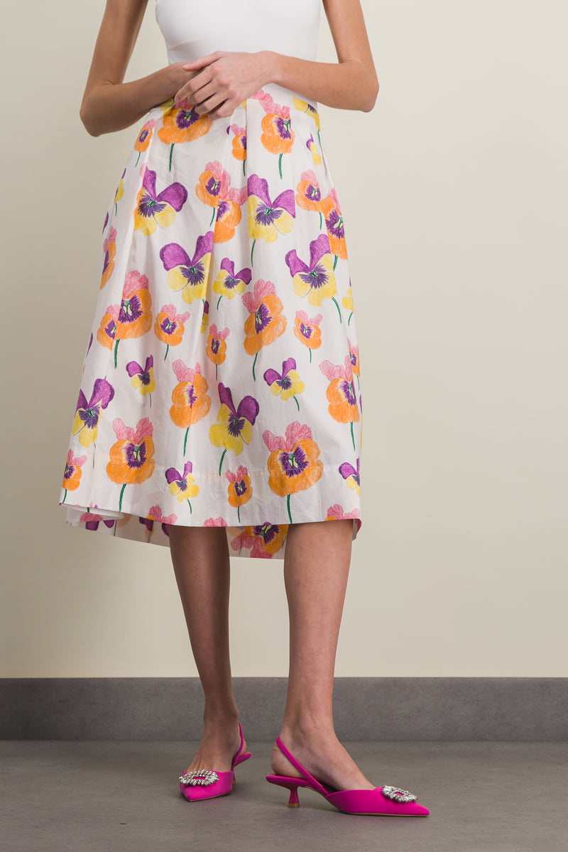 Marni - Pleated cotton midi-skirt with pansies flower print
