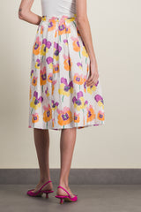Pleated cotton midi-skirt with pansies flower print