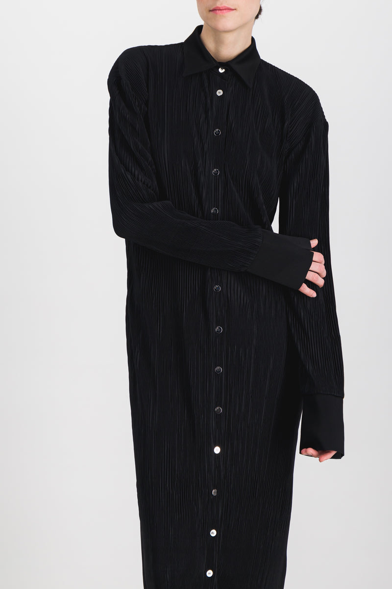 Atlein - Pleated recycled jersey satin longsleeved midi shirt dress