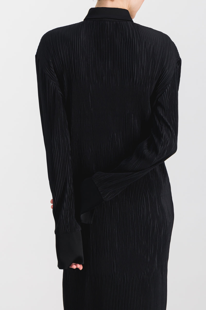 Atlein - Pleated recycled jersey satin longsleeved midi shirt dress