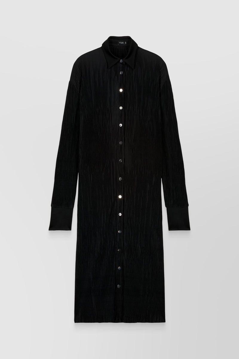 Atlein - Pleated recycled jersey satin longsleeved midi shirt dress