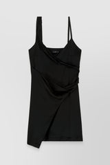 Asymmetric straps draped crêpe satin mini dress