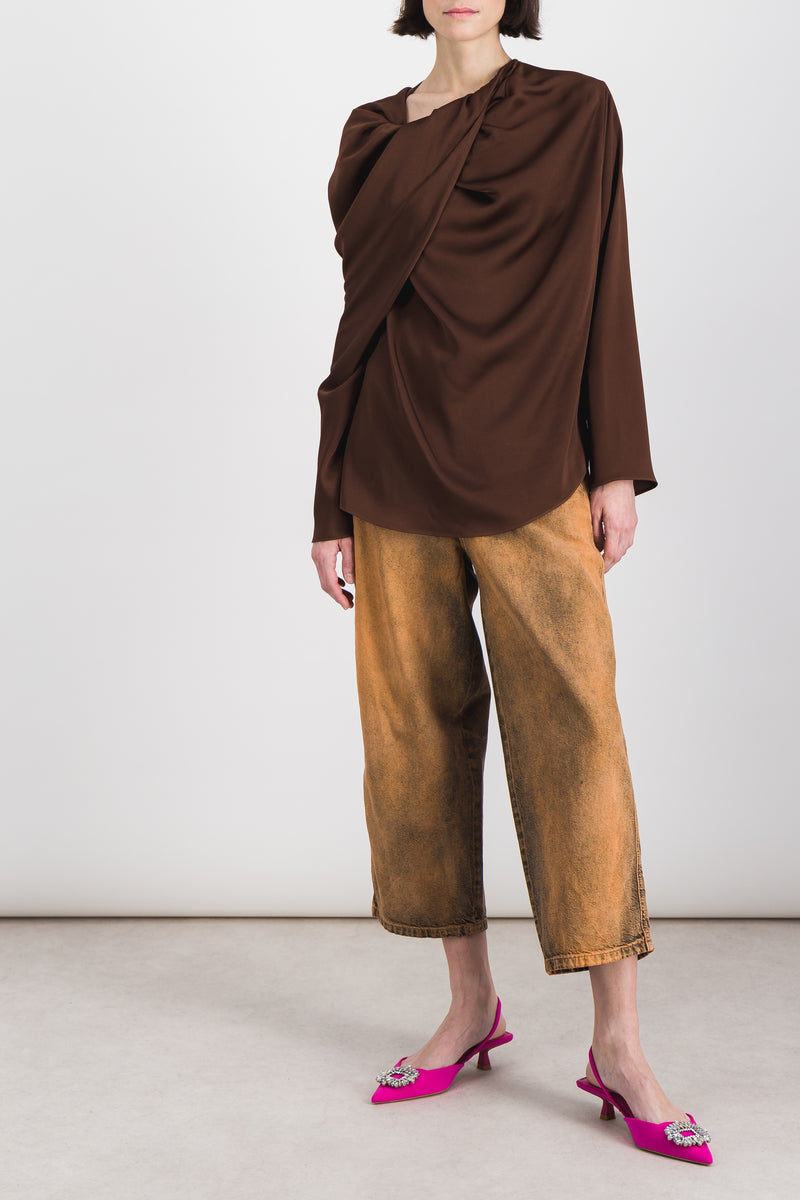 Atlein - Asymmetric draped crêpe satin long sleeved top