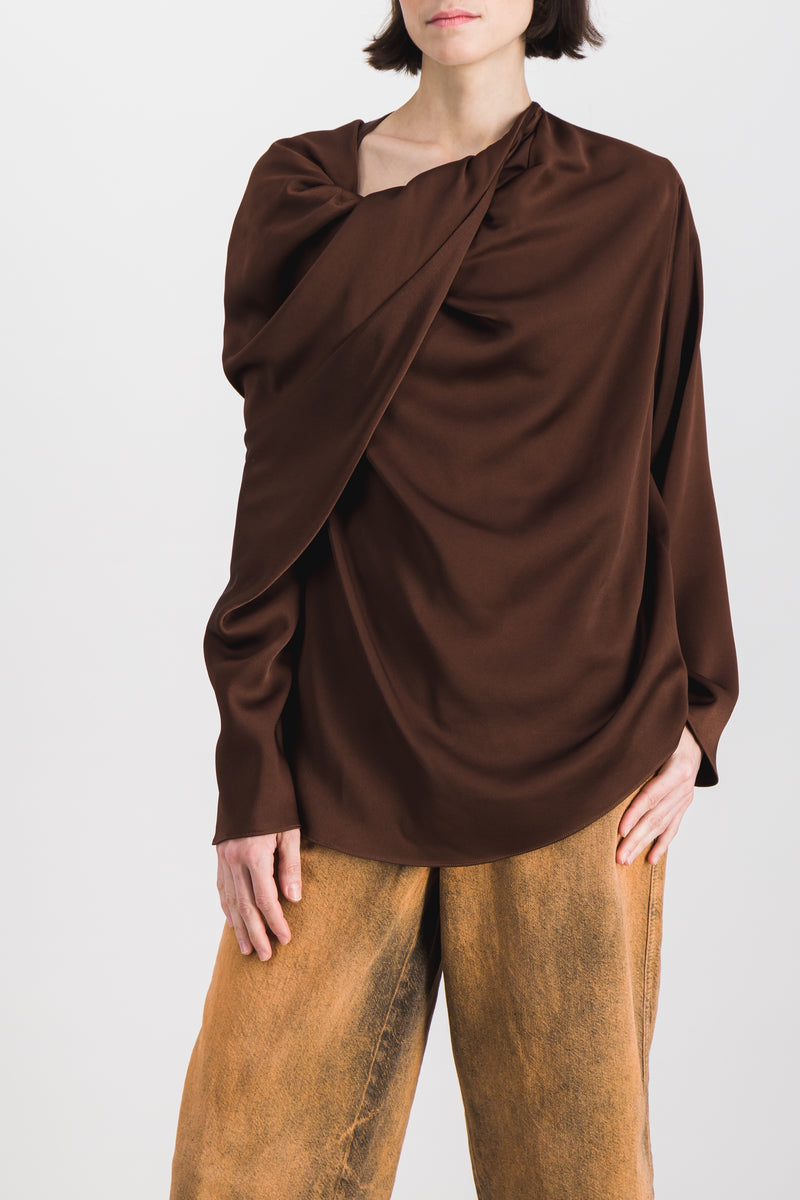 Atlein - Asymmetric draped crêpe satin long sleeved top